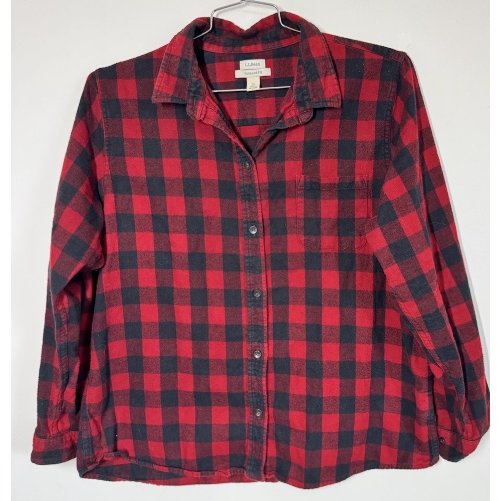 LL Bean Red Buffalo Plaid Flannel Button Up Shirt Womens XL Relaxed Fit Outdoors